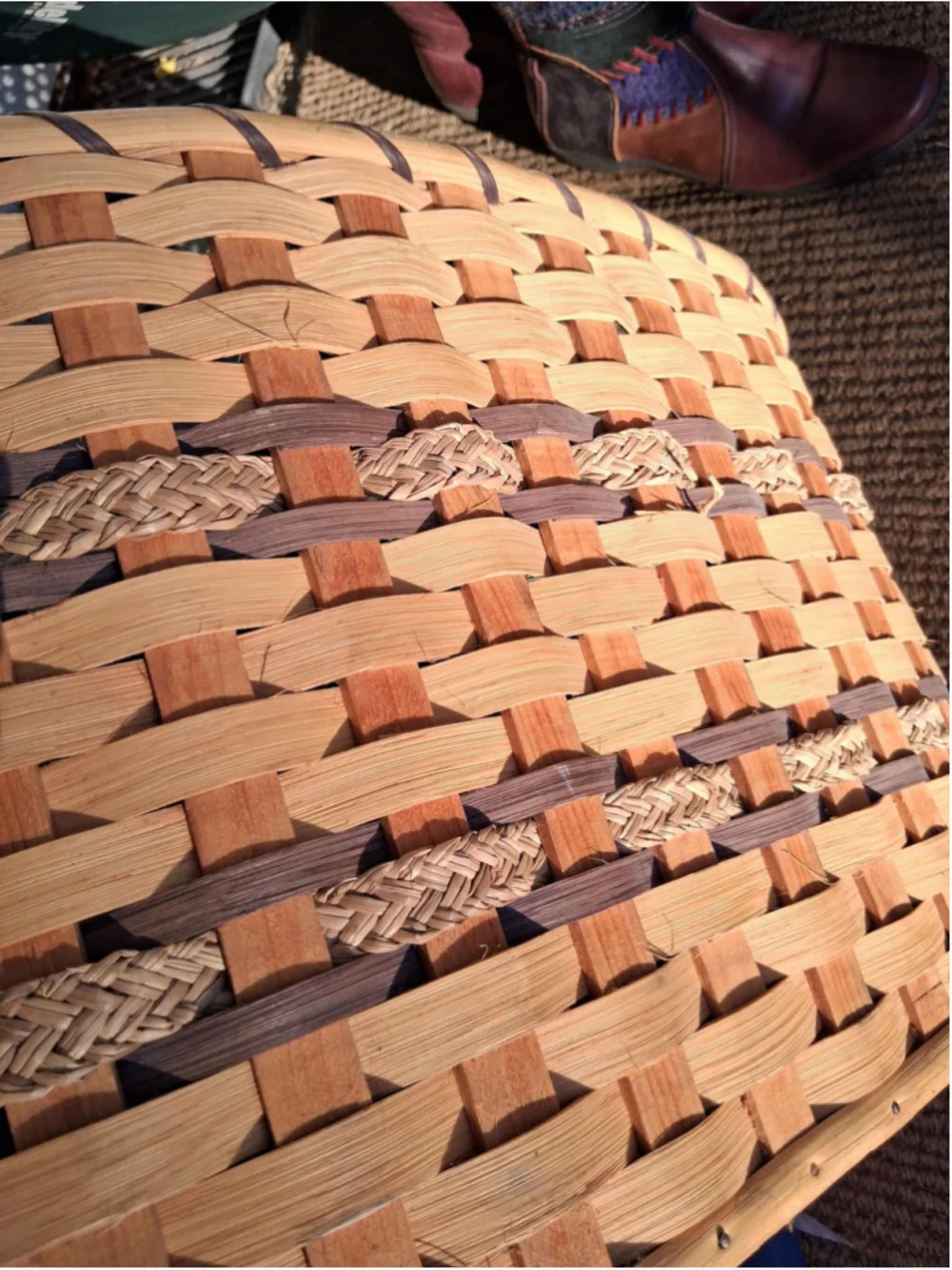 Vintage wicker amish woven splint large basket hand made leather straps
